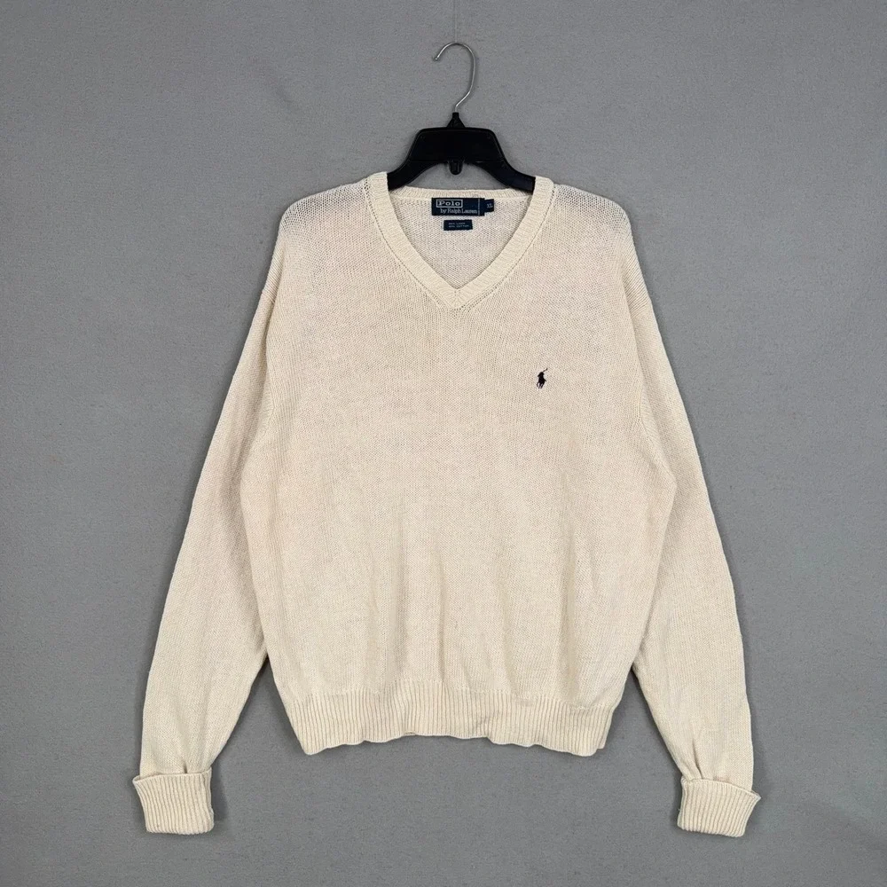 Vintage Polo Ralph Lauren Sweater Men XL Beige Linen Cotton Blend Classic Preppy
